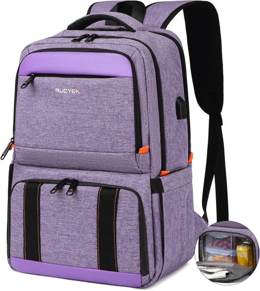 Lunch Backpack, Insulated Cooler Backpack Lunch Box for Women, 15.6 Inch RFID Blocking Laptop Backpack with USB Port, for Work Travel Picnics Hiking Purple
