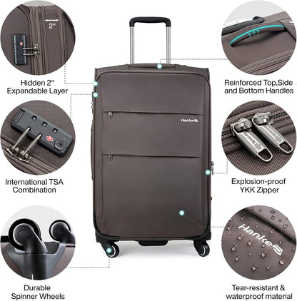 Hanke 20/28 Inch 2 Piece Luggage Sets with Spinner Wheels Expandable Luggage Large Suitcases with Wheels Lightweight Travel Luggage Rolling Suitcase with Lock Softside Checked Luggage.(Coffee)