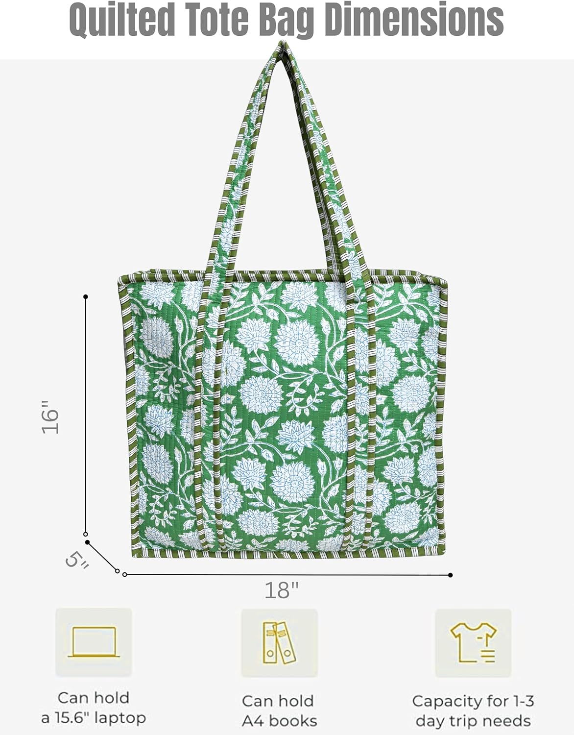 Cotton Quilted Tote Bag for Women – Large Beach & Travel Tote with Zipper, Reusable Grocery Bag