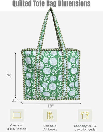 Cotton Quilted Tote Bag for Women – Large Beach & Travel Tote with Zipper, Reusable Grocery Bag