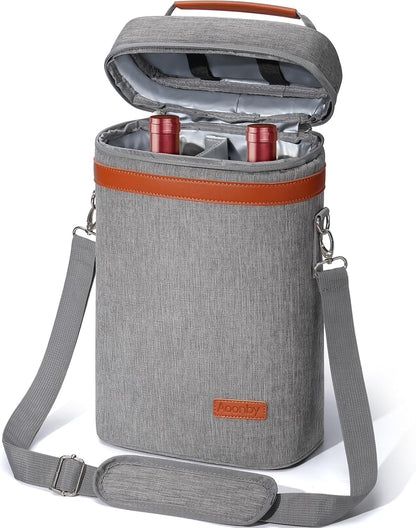2 Bottle Wine Bag Wine Cooler Carrier Wine Gift Tote Bag, Leakproof & Insulated Bottle Bags for Travel, BYOB, Beach, Dinner, Party, Christmas Gifts for Wines Lovers Women Men - Gray
