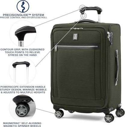 Travelpro Platinum Elite Softside Expandable Checked Luggage, 8 Wheel Spinner Suitcase, TSA Lock, Men and Women, Pilot Green, Checked Medium 25-Inch