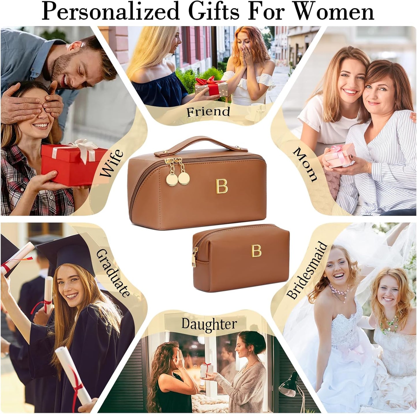 Birthday Gifts for Women Teen Girl, Personalized Initial Makeup Organizer Bag Set, Open Flat Travel Cosmetic Bag With Clear Divider and Handle(Brown,B)