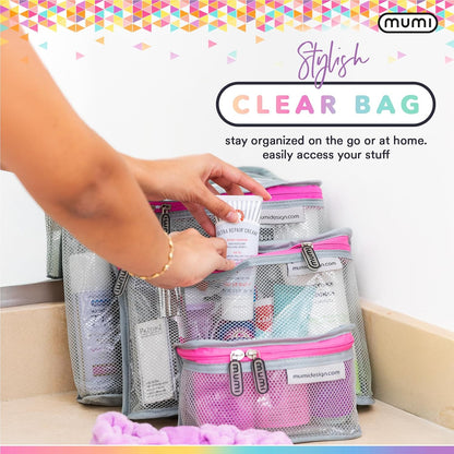 MUMI Travel Toiletry Bag Set of 3 – Clear TSA Approved Toiletry Bags for Women – Reusable Water-Resistant Makeup Organizer Pouches for Skincare, Cosmetics, Travel Accessories, Airport Packing - Gray