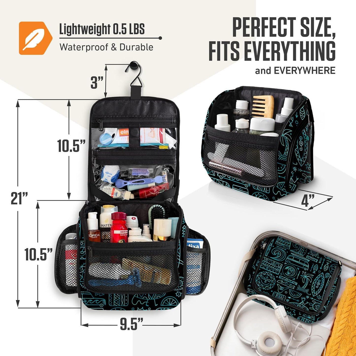 VENTURE 4TH Hanging Travel Toiletry Bag for Women & Men - Travel Organizer with Expandable Compartments & Removable Clear Pouch for Toiletries (Surfing Vibes)