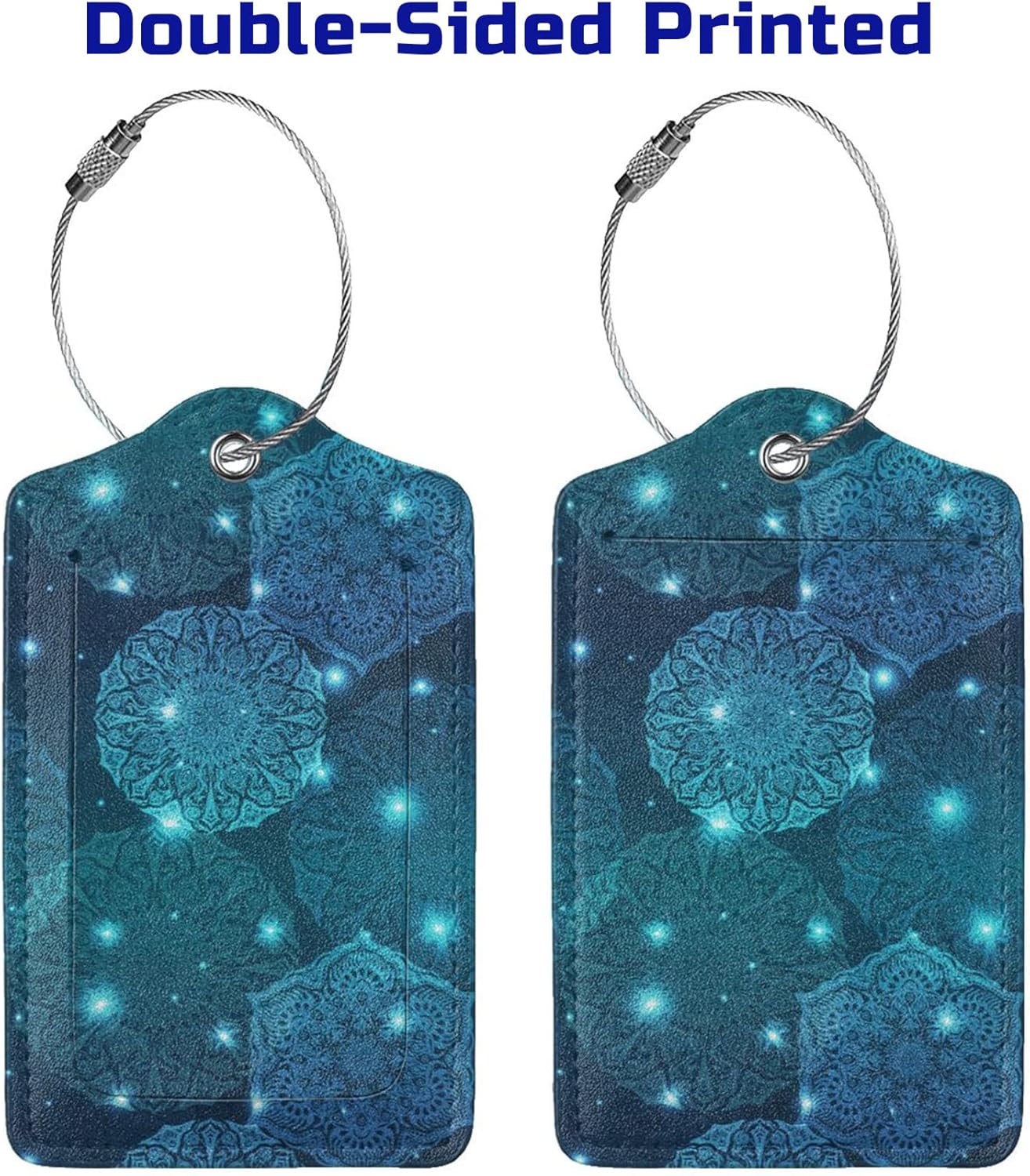 2Pcs Glowing Mandala Themed Luggage Tags for Suitcases, Beautiful Art Teal Blue Name ID Identifier Labels for Baggage Travel Bag, Shine Aesthetic Leather Bag Tags with Full Privacy Cover