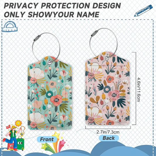 2 Pack Leather Luggage Tag for Suitcase Spring Flowers Leaves Berries Unique Travel Tags with Privacy Cover ID Label & Stainless Steel Loop for Men and Women Baggage
