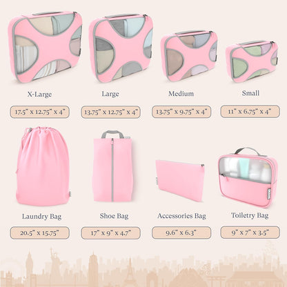 Shacke Premium 8 Packing Cubes Set - Lightweight Mesh Travel Luggage Organizers with Laundry Bag, 8-Piece Suitcase Storage System (Summer Pink)
