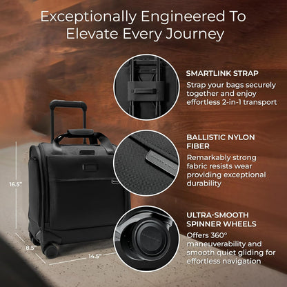 Briggs & Riley Cabin Spinner - Carry On Luggage for Travel, Suitcases with Wheels, Softside Rolling Bag for Men & Women, Fits Under Plane Seat, Interlocking Handle - Baseline Collection, Black