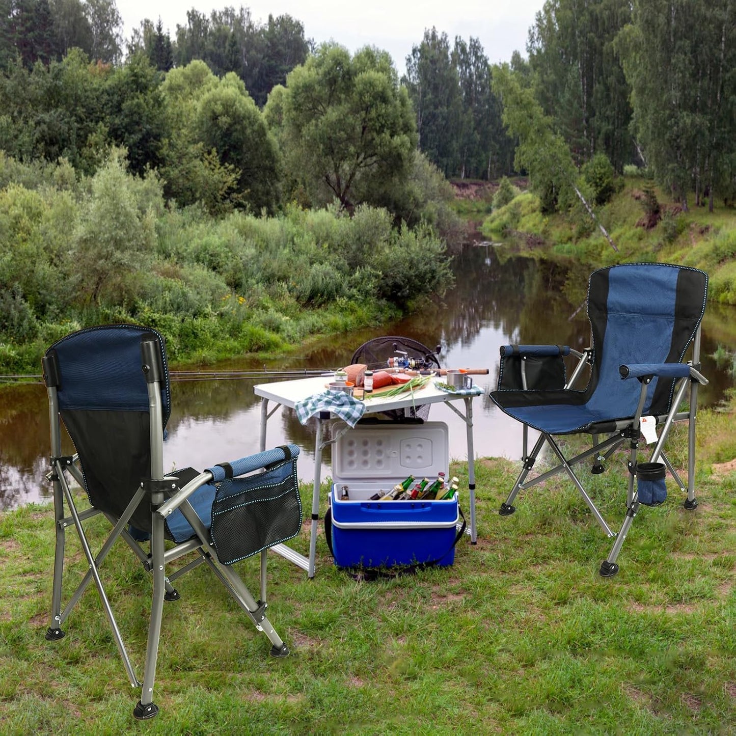 Camping Chair for Adults Heavy Duty Outdoor Patio Lawn Chairs Portable Support 350 LBS High Back Padded Oxford with Armrests, Storage Bag, Cup Holder, for Outside Fishing, Camping, Foldable