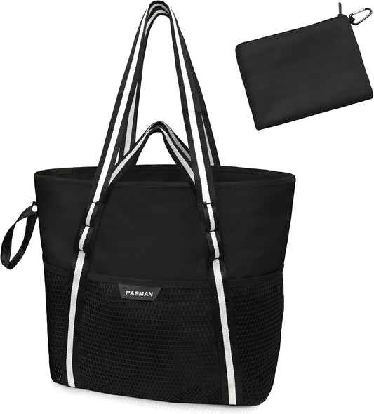 Beach Bag with Zipper - 8 Pockets Sandproof Beach Tote Bag for Women,Foldable Lightweight Family Swim Bag Vacation