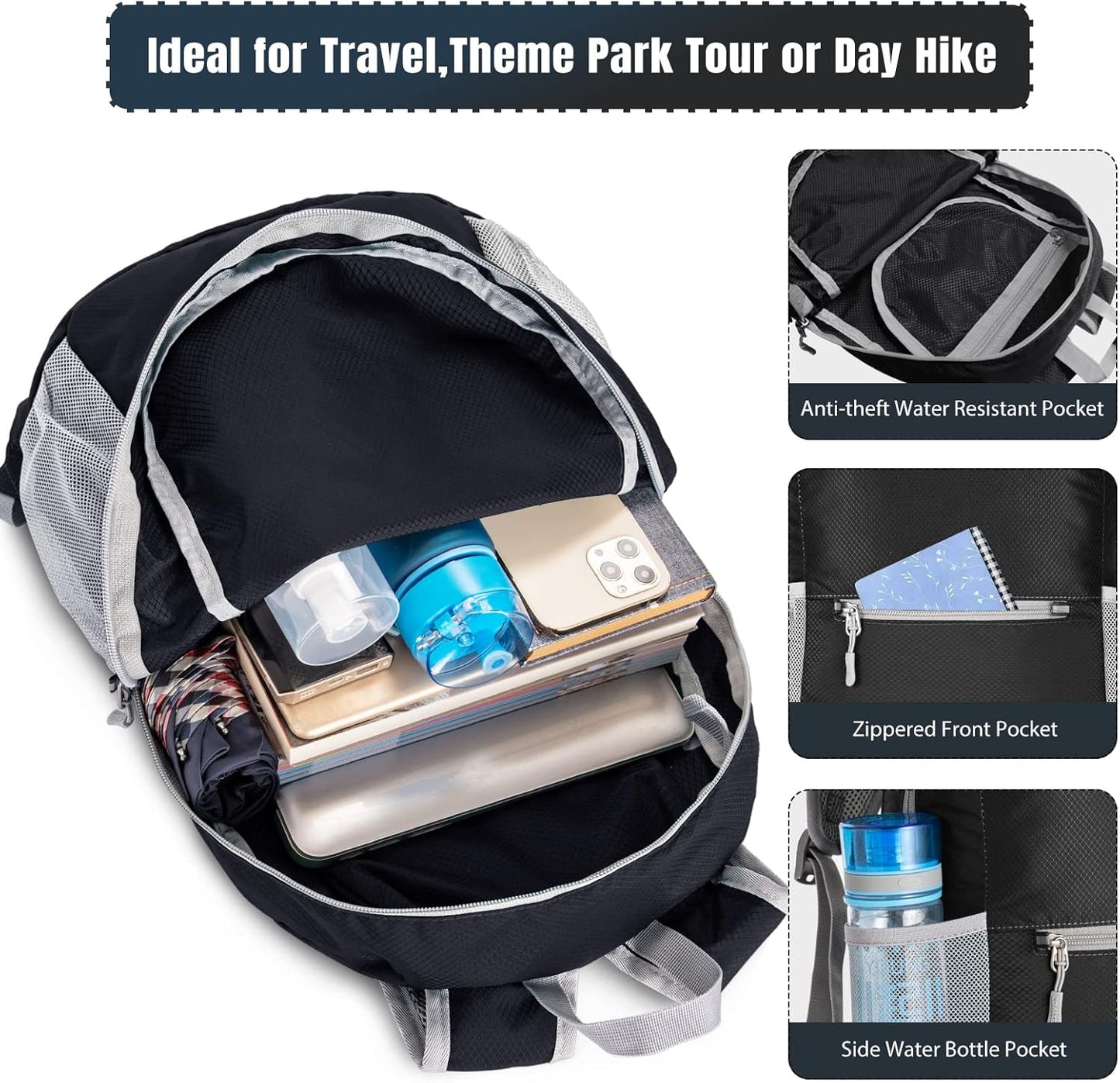 ZOMAKE Ultra Lightweight Hiking Backpack 20L, Packable Small Backpacks Water Resistant Daypack for Women Men(Black)