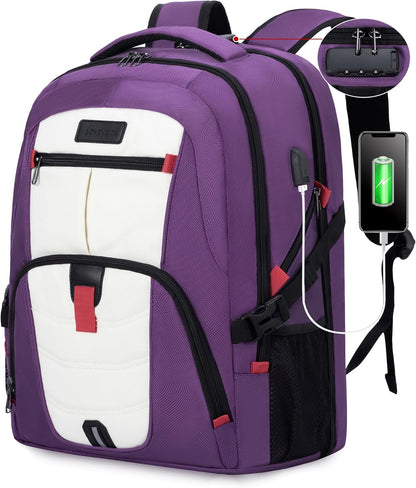 LOVEVOOK Travel Laptop Backpack Waterproof Anti Theft Backpack with Lock and USB Charging Port Large Computer Business Backpack for Women College Backpack (17 inch,Purple & White