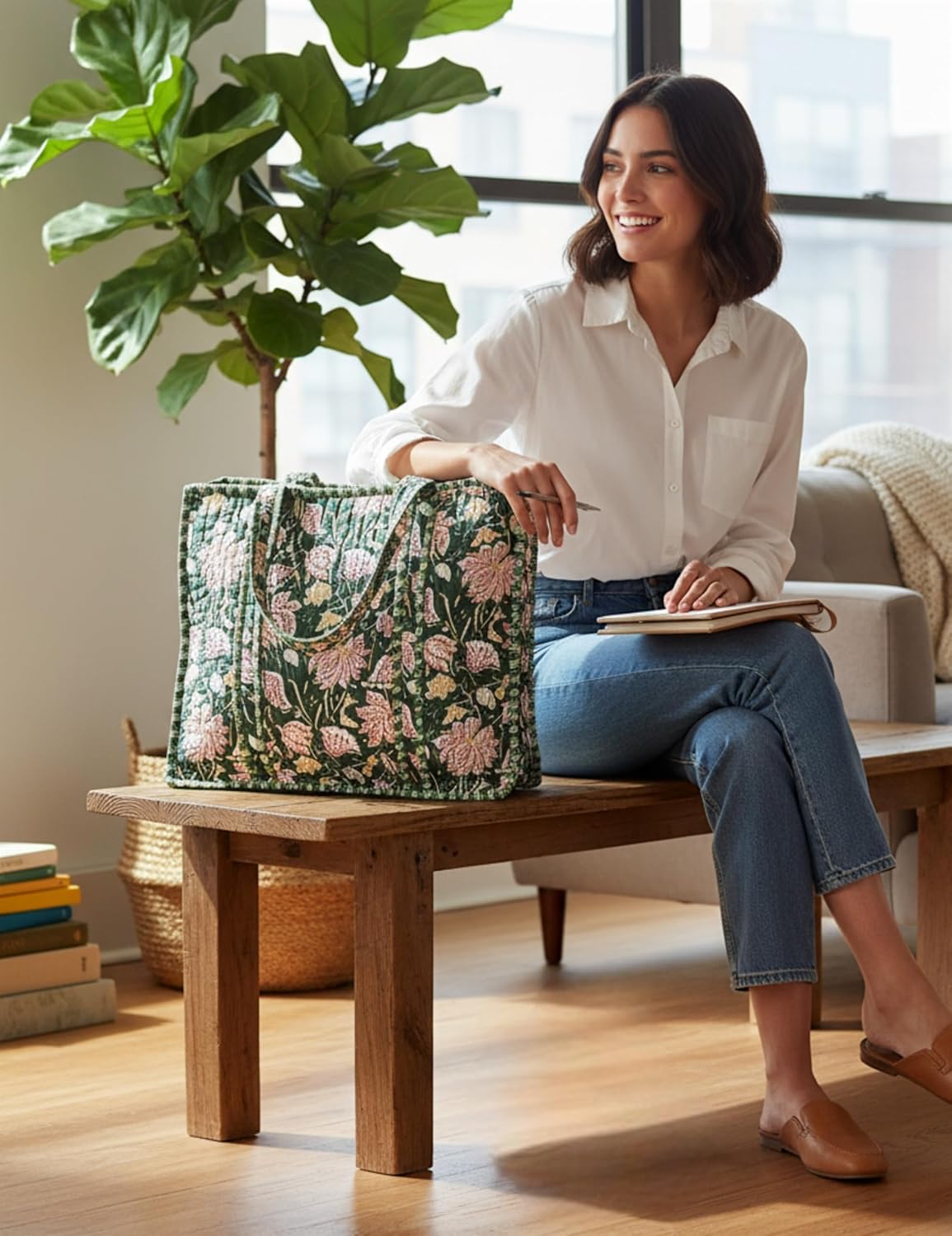 Cotton Quilted Tote Bag for Women – Large Beach & Travel Tote with Zipper, Reusable Grocery Bag