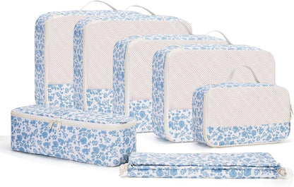 Narwey 7 Set Floral Packing Cubes for Travel Carry on Suitcase Luggage Organizer Bags for Kids Women Men, Durable Packing Organizers Bag, Travel Essentials Accessories (Little Blue Flower)