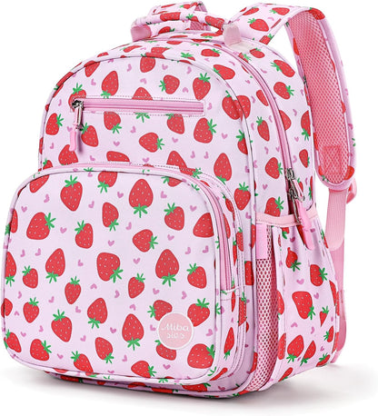 mibasies Girls Backpack 5-8: Lightweight Kids Backpacks for Girls - Girl Bookbag for Elementary School - Strawberry Heart-shaped Pink