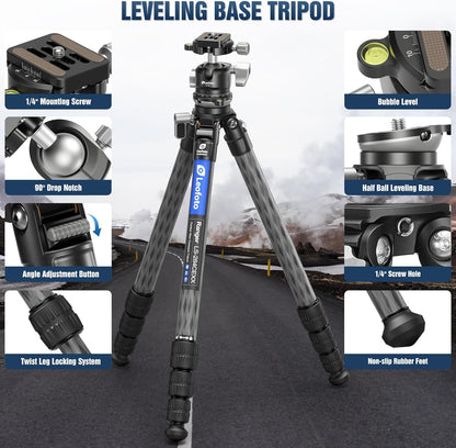 LEOFOTO Carbon Fiber Tripod with Leveling Base for Camera, 360° Rotating Ball Head, 1/4" QR Plate for Sport Camera/Phone/Projector, Compact Tripod with Panoramic Base, A Bubble Level, Max Load 22LB