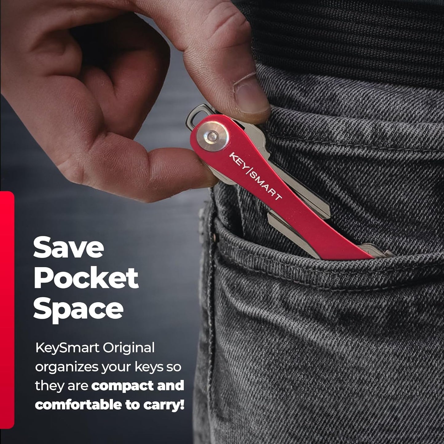 KEYSMART Key Holder for Keychain - Compact Key Organizer for Key Chain, Minimalist Clutter-Free EDC Keychains Key Ring, Red, 14 Keys