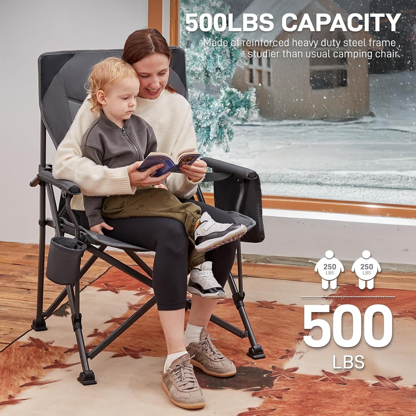 EVER ADVANCED Oversized Folding Camping Chair for Adults with Adjustable Lumbar Support, Heavy Duty Chair with Side Pockets, Portable Collapsible Quad Chair for Outside