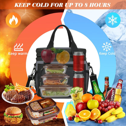 Insulated Lunch Bag Women & Men | Large Adult Lunch Box | Double-Layer Reusable Lunch Bags | Leak-Proof Tote Cooler Bag for Work Picnic Outdoors | 16L, Gray