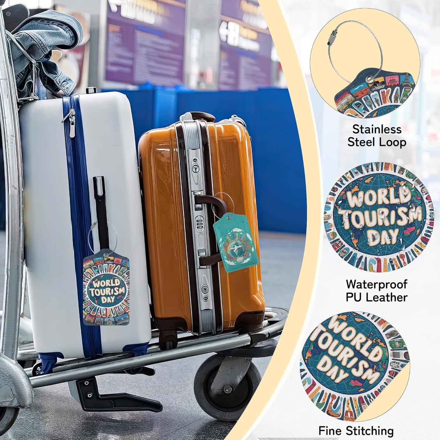 Travel Around The World Luggage Tags for Suitcase,3 Pack Go Travel Flight Views Luggage Tag Leather Privacy Cover ID Label with Stainless Steel Loop for Women Men