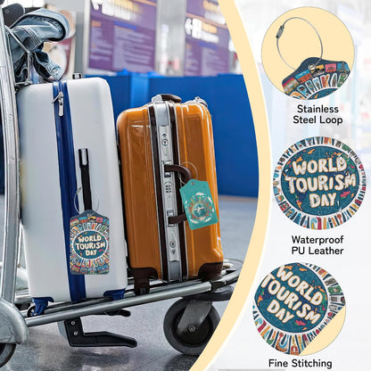 Travel Around The World Luggage Tags for Suitcase,3 Pack Go Travel Flight Views Luggage Tag Leather Privacy Cover ID Label with Stainless Steel Loop for Women Men