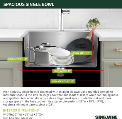 22 Inch Drop-In Kitchen Sink, SINKVINE 22" x 18" Stainless Steel Indoor and Outdoor Sink, Top Mount Deep Single Bowl Sink for Laundry, Wet Bar, RV, w/Drain Strainer, Bottom Grid, Roll-up Drying Unit