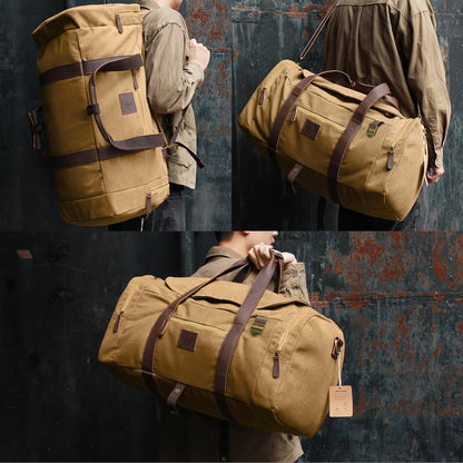 50L Duffle Bag for Men, Nomad Waxed Canvas Travel Duffel Bag Vintage Genuine Leather Travel Handbag Upgraded Weekender Overnight Backpack with Shoes Compartment (Khaki, Large-50L)