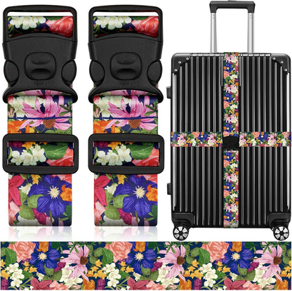 2 Pack Luggage Straps for Suitcases, Adjustable Travel Belt with Double Lock and Quick Release Buckle, Heavy Duty Nylon Bag Packing Strap, Bright Identifiers Business Travel Accessories-Flower Garden