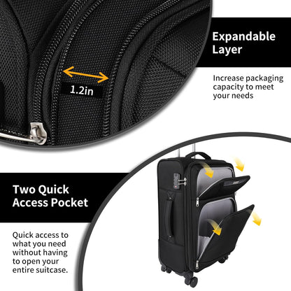 3-Piece Softside Expandable Luggage Set with Front Open Pocket, Lightweight and Durable Oxford Fabric Suitcase Set with TSA Lock (Black, 20in/24in/28in)