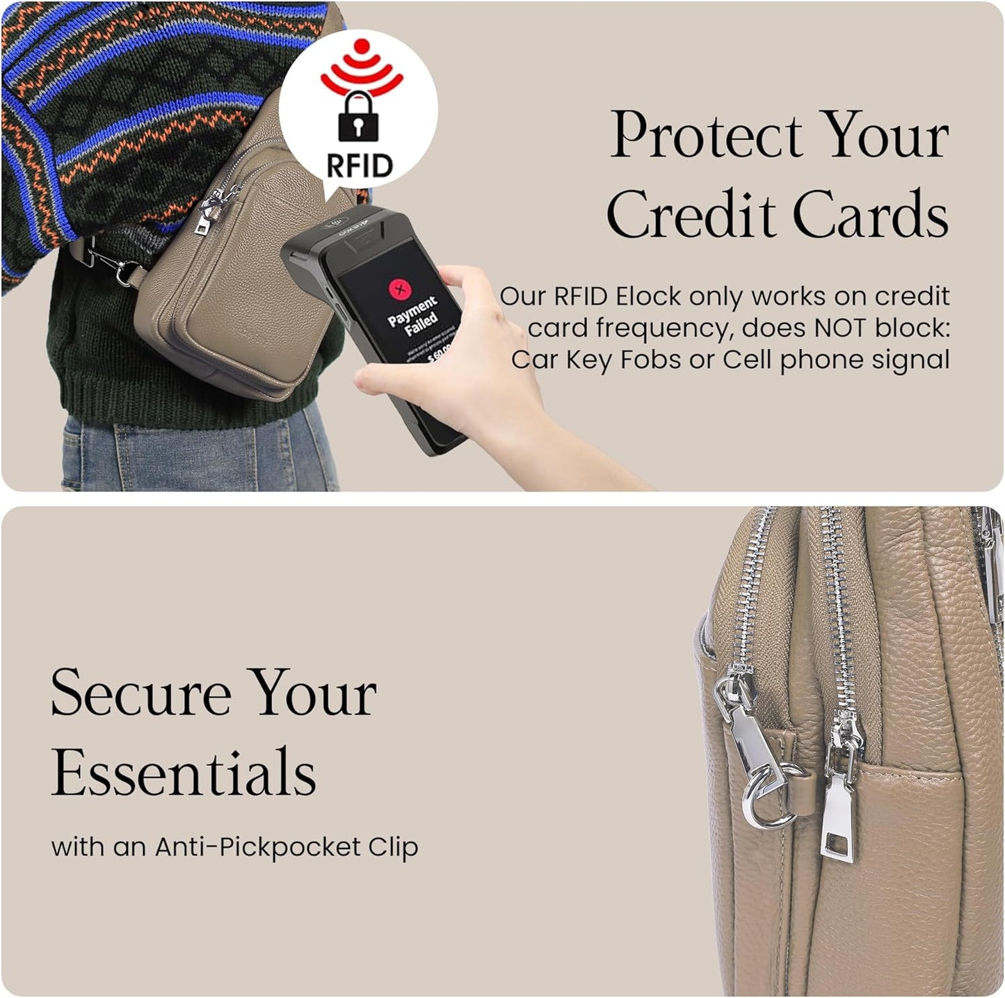 befen Genuine Leather Small Sling Bag for Women Anti-Theft Crossbody Chest Bags Fanny Packs for Travel with RFID Card Slots