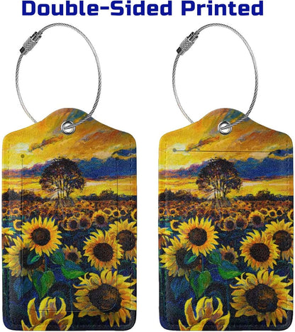 2-Pcs Beautiful Sunflower Leather Luggage Tags for Women Girls Suitcases, Art Yellow Floral Privacy Cover ID Label with Stainless Steel Loop and Address Card for Travel Bag Backpack