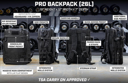 SERIOUS STEEL FITNESS Gym Bag, Rip-Resistant Fabric, Heavy Duty (Black, Backpack (Pro-Mini (26L) with Dividers))