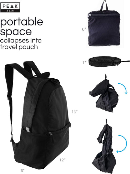 Peak Gear Foldable Backpack - Compact Packable Day Pack - Includes Lifetime Lost & Found ID