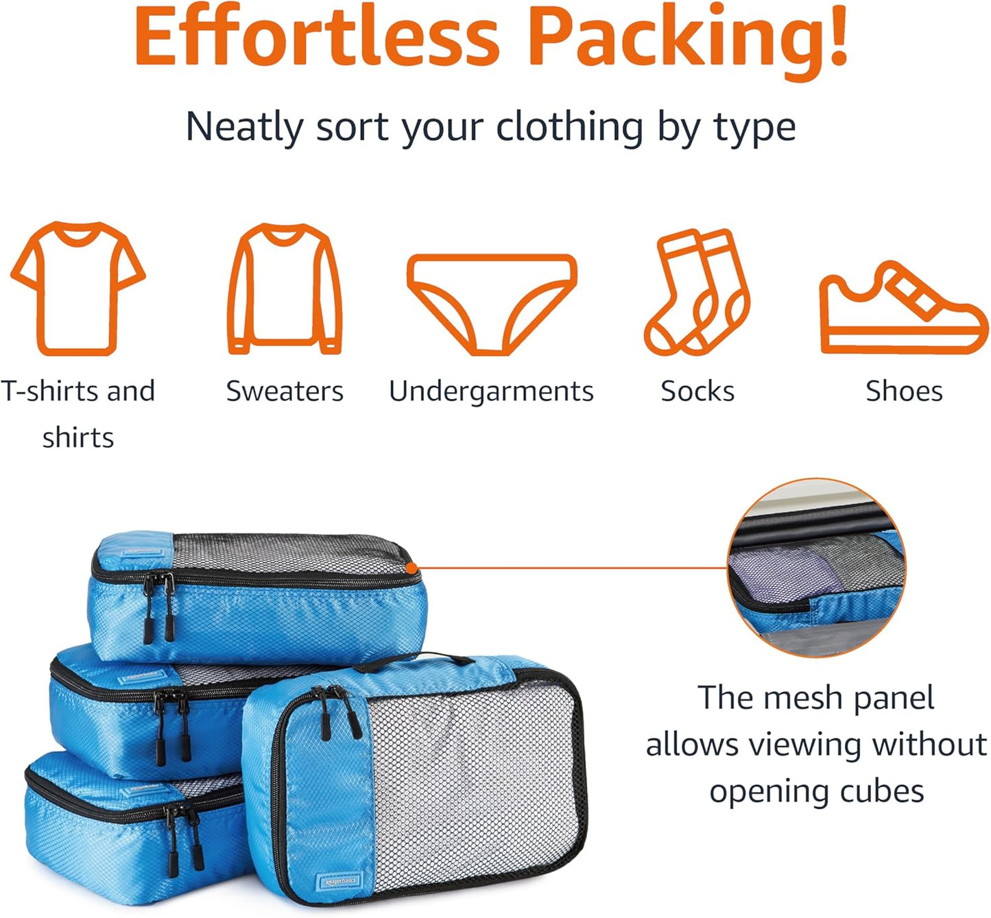 Amazon Basics Small Packing Cubes for Travel, Packing Organizers, 4-Piece-Set With Double Zipper Pulls and Mesh Top Panel, 100% Durable Polyester, Sky Blue, 11"L x 6.8"W x 3"H