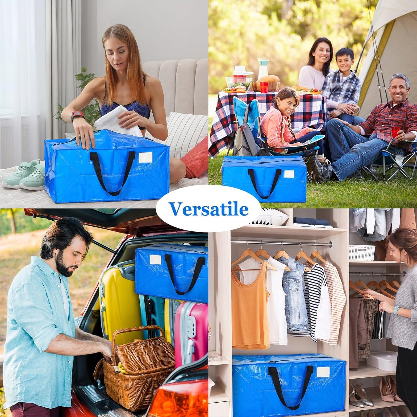 4 Pcs 24 Gallon Large Moving Bags with Zipper and Handles Foldable Storage Duffle Bags Heavy Duty Extra Large Totes for College Dorm Travel Clothes Blankets Bedding Moving (Blue)