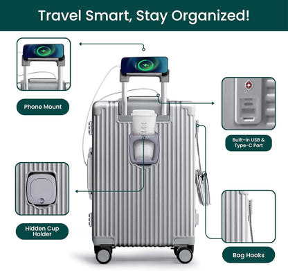 Nobl Travel Carry On Luggage, Noble Zipperless Aluminum Frame PC Hard Shell Suitcase, 20.8"x15"x8.7" Airline Approved, 360° Spinner Wheels, TSA Locks, USB Charging Port, Cup & Phone Holder - Silver