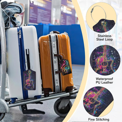 3 Pack Music Luggage Tags for Suitcases, Note Headphones Guitar Cute Leather Name Tag with Privacy Cover with Stainless Steel Loops, Travel ID Bag Tags for Women Men