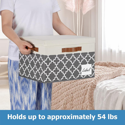 GhvyenntteS Extra Large Storage Bins with Lids, Foldable Fabric Storage Boxes with Lids and 3 Handles, Storage Baskets with Label for Home Office (3 Pack, White&Lattice Grey, 15.75x11.8x10.2)
