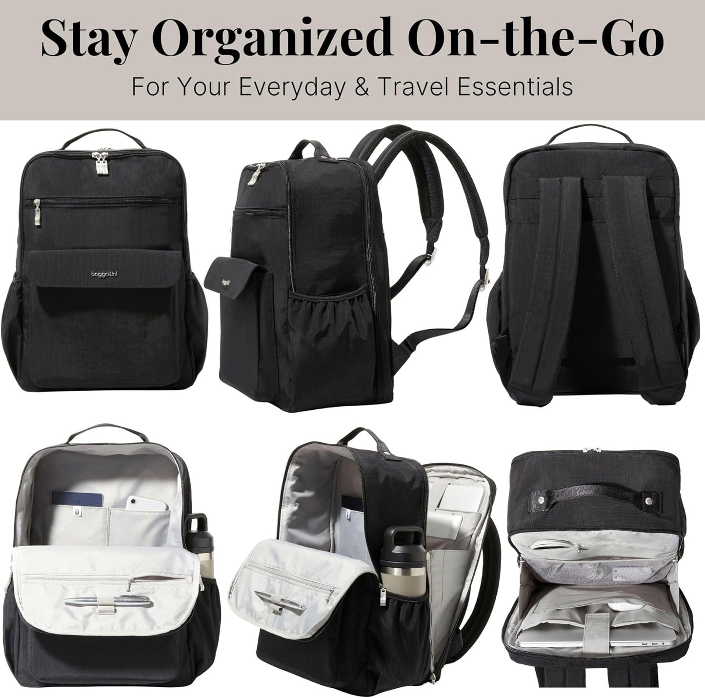 Baggallini Everyday Laptop Backpack - 11x15.5 Lightweight Water-Repellent Nylon Travel Bag w/Padded Laptop Sleeve & RFID