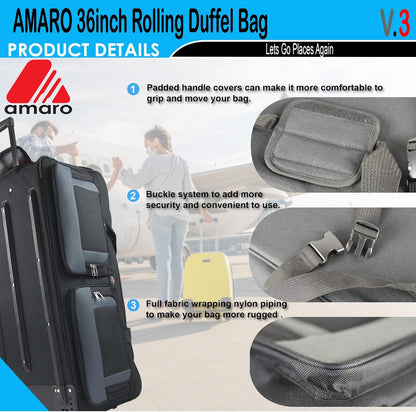 36" Rolling Duffle Bag with Wheels and Handle - Multiple Compartments/Compression Straps With Buckles