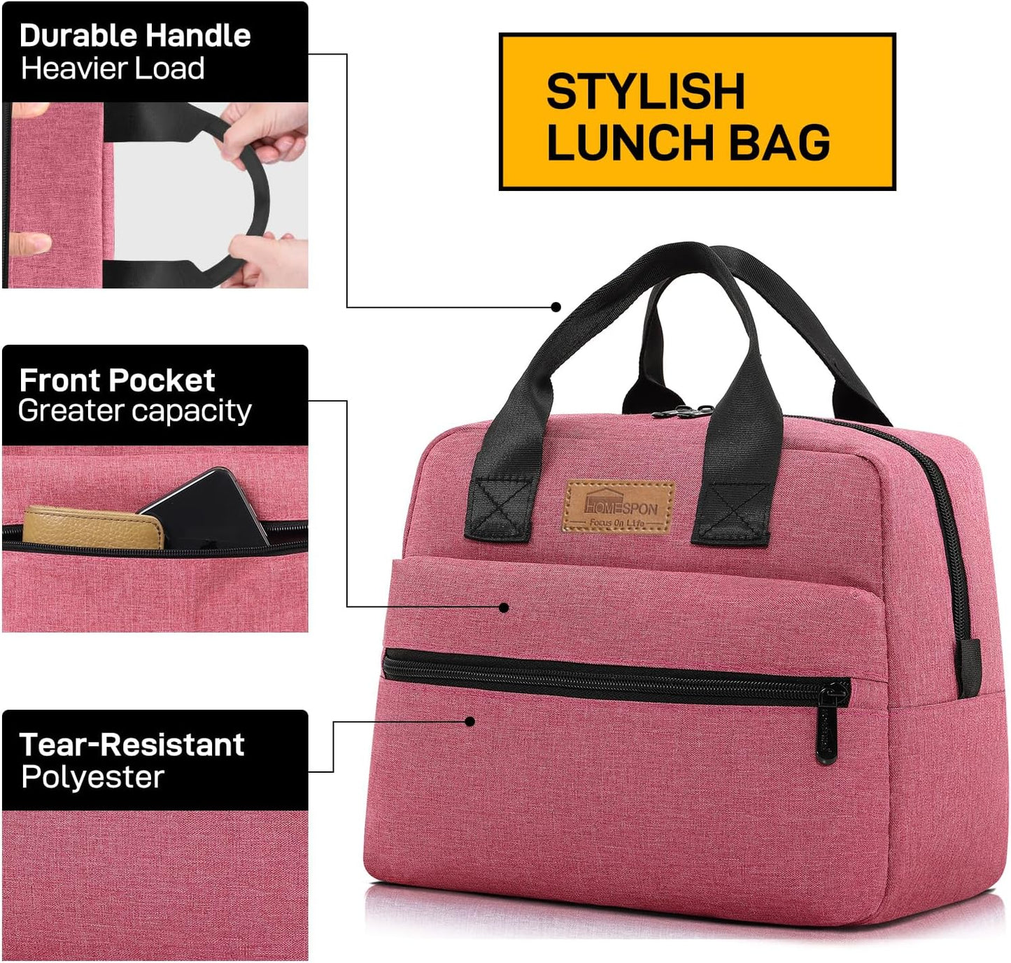 HOMESPON Insulated Lunch Bag for Women Men Lunch Box Cooler Lunch Tote for Work Picnic (Rose)