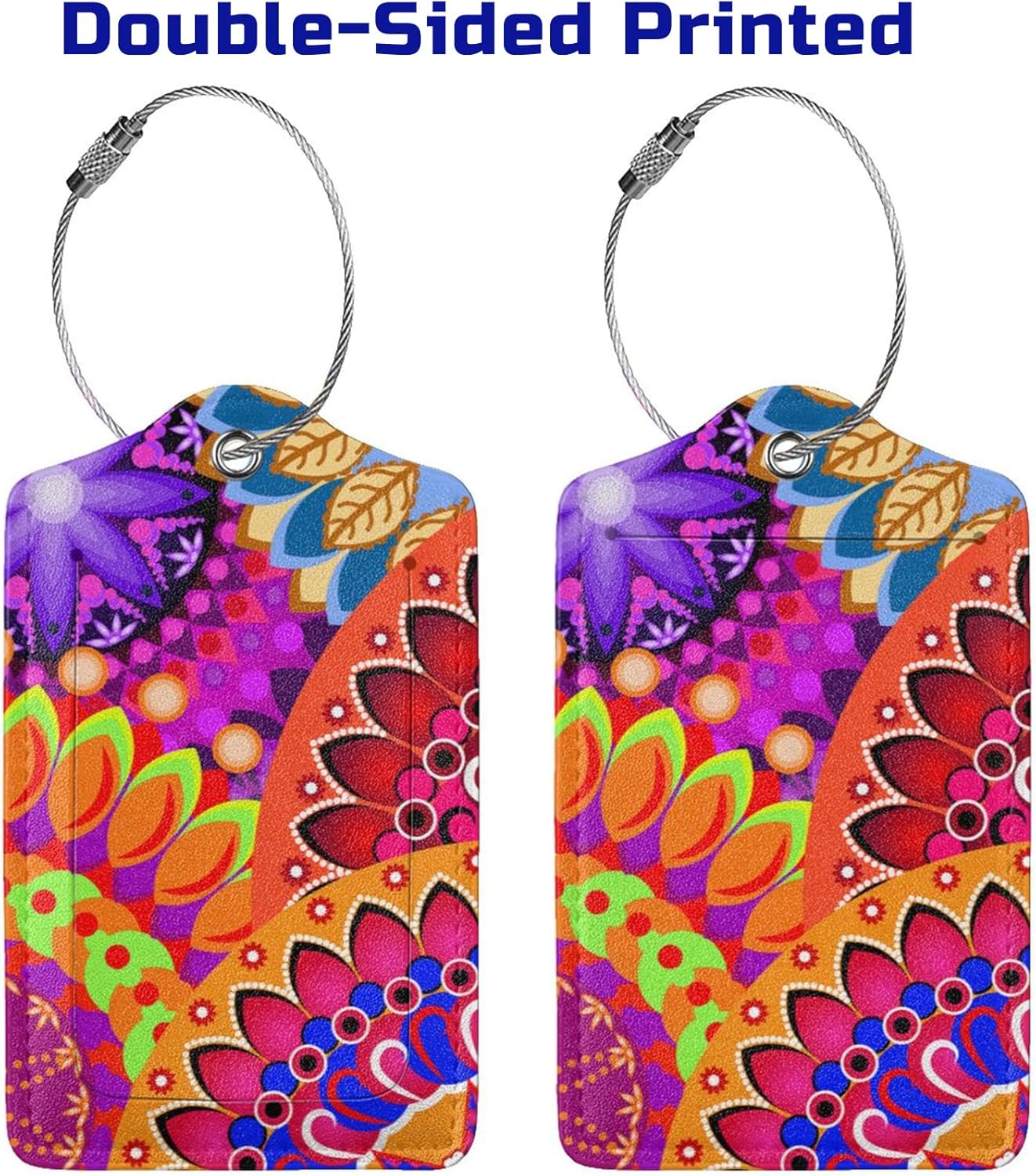 Colorful Mandala Style Luggage Tags Bright Red Bag Tag with Full Back Privacy Cover Name ID Card Stainless Steel Loop Suitcase Labels Address Card PU Leather Baggage Tags Luggage for Travel, 2 Pcs
