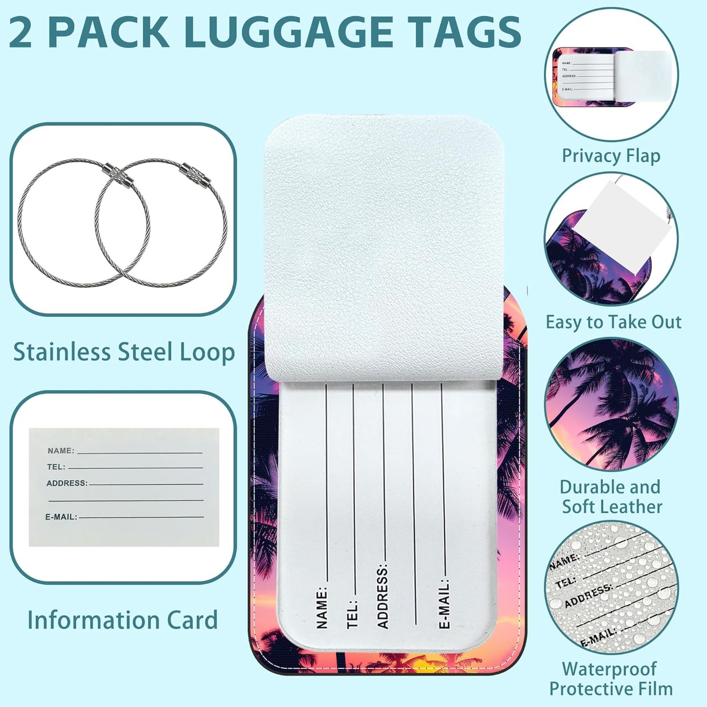 Palm Tree and Sunset Luggage Tag for Suitcase Set of 2 PU Leather Cute Luggage Tags with Stainless Metal Loop ID Label Privacy Flap Suitcase Tags for Women and Men Travel