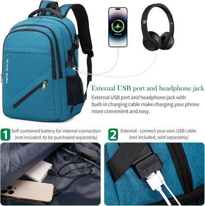 FENGDONG 17.3 inch Large Laptop Backpack Durable Waterproof Travel College Backpack Bookbag for Men & Women Business Backpack with USB Charging Port and Headset Port Light Teal