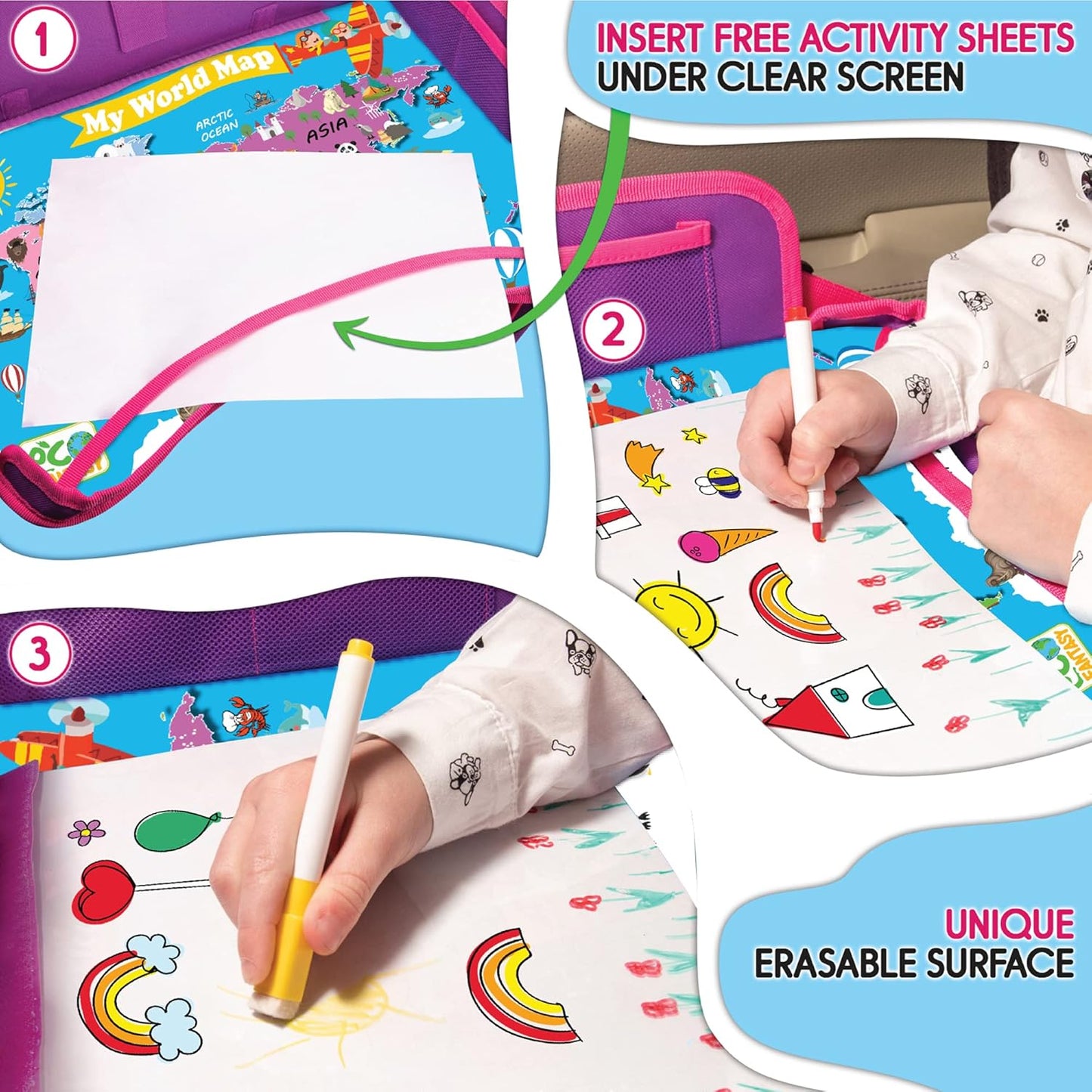 Kids Travel Tray - Waterproof Lap Table with No-Drop Large Tablet Holder - Car Seat Tray - Road Trip Essentials Kids - Car Desk Organizer for Airplane - Toddler Travel Essentials (Pink)