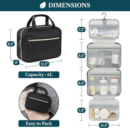 PAVILIA Hanging Toiletry Bag Travel Bag Women Men, Foldable Cosmetic Organizer, Roll up Makeup Bag, Water Resistant Accessories Toiletries, Large Travel Essentials Kit (Black Gold)