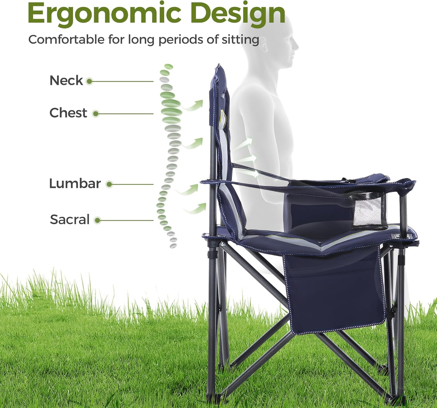 ALPHA CAMP Oversized Camping Chair Heavy Duty Lawn Chair with Cooler Bag Support 450 LBS Steel Frame Collapsible Padded Arm Quad Lumbar Back Folding Chair for Lawn Outdoor