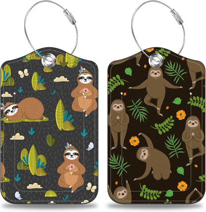 2 Pack Yoga Luggage Tags for Suitcases Funny Sloths Leather Luggage Tags Privacy Cover ID Label with Stainless Steel Loop and Address Card for Women Men Travel Bag Backpack