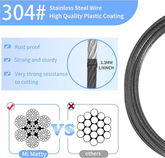 3.3mm (1/8 Inch) Outdoor Travel Stainless Steel Security Cable-20ft Luggage Lock Safety Wire Flexible Steel Wire Rope with Double Loop Safety for Luggage, Bike, Lock (Black, 20ft-(1Pack)